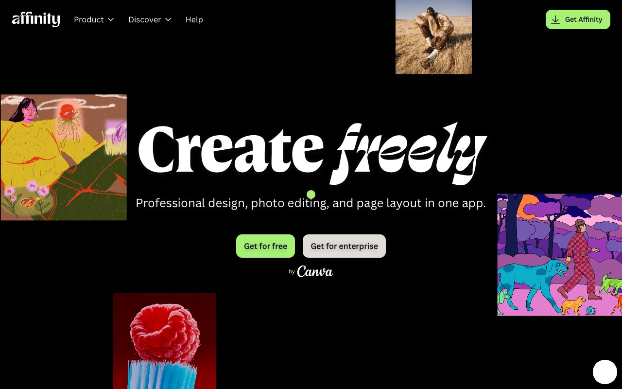 The Affinity website home page with Get for free and Get for enterprise buttons.