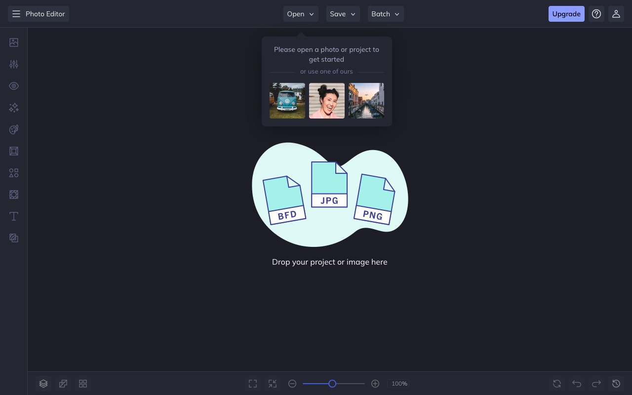 The BeFunky photo editor with Open, Save and Batch menus and an Upgrade button.