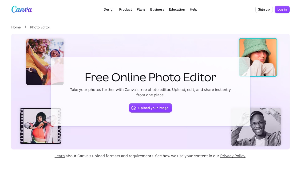 The Canva photo editor landing page with an Upload your image button.