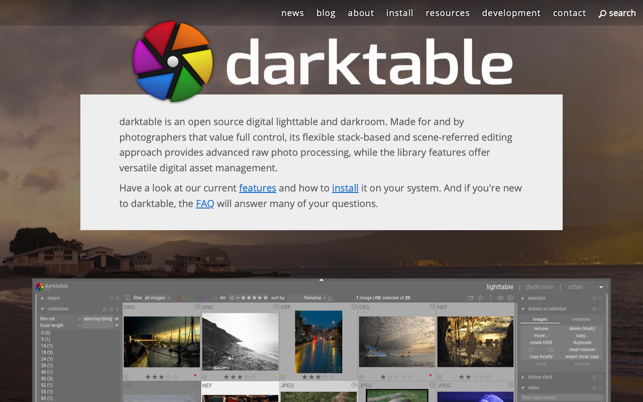 The darktable website home page with a screenshot of its photo library view.