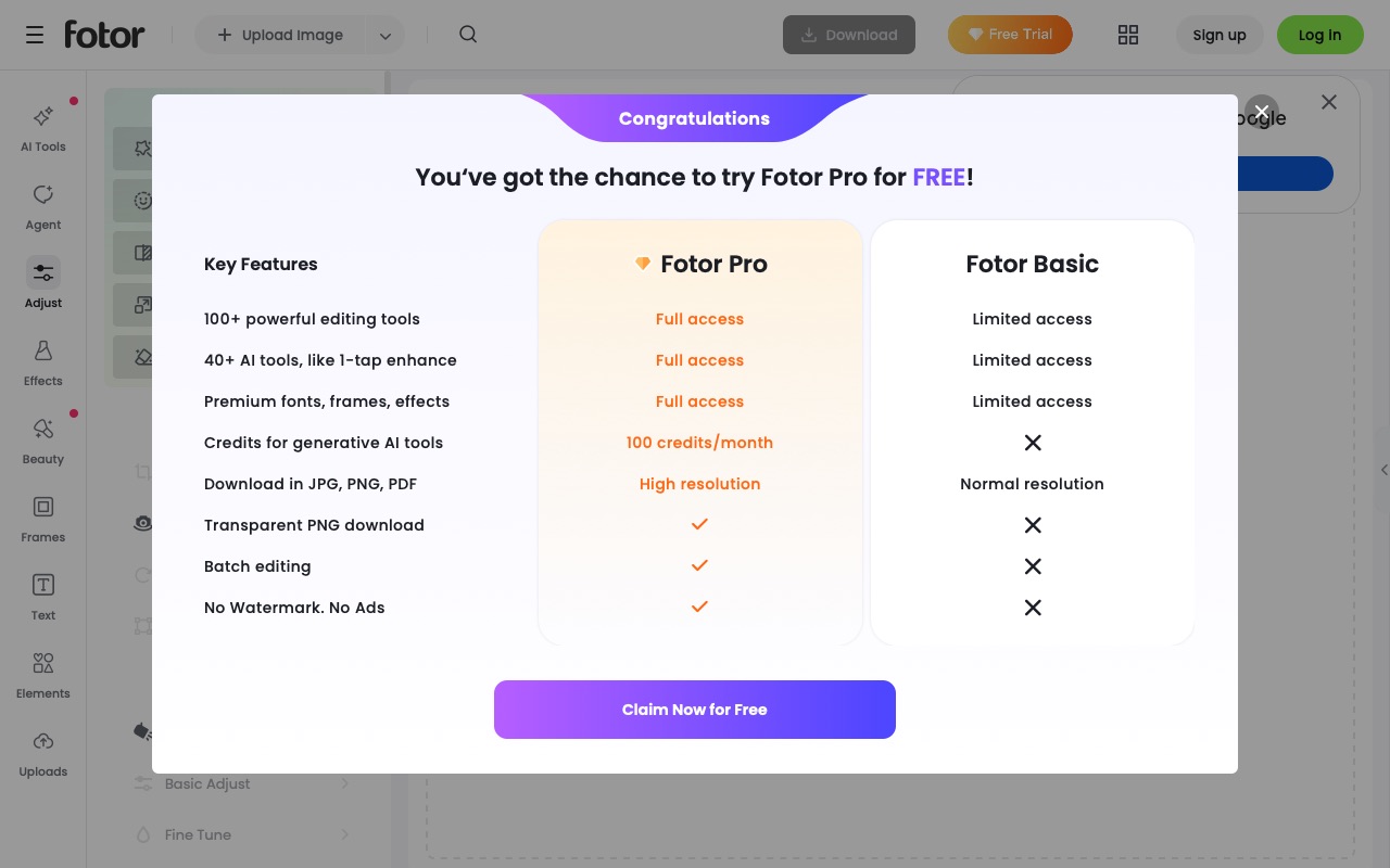 Fotor’s plan comparison window listing what the free Basic plan and the paid Pro plan include.