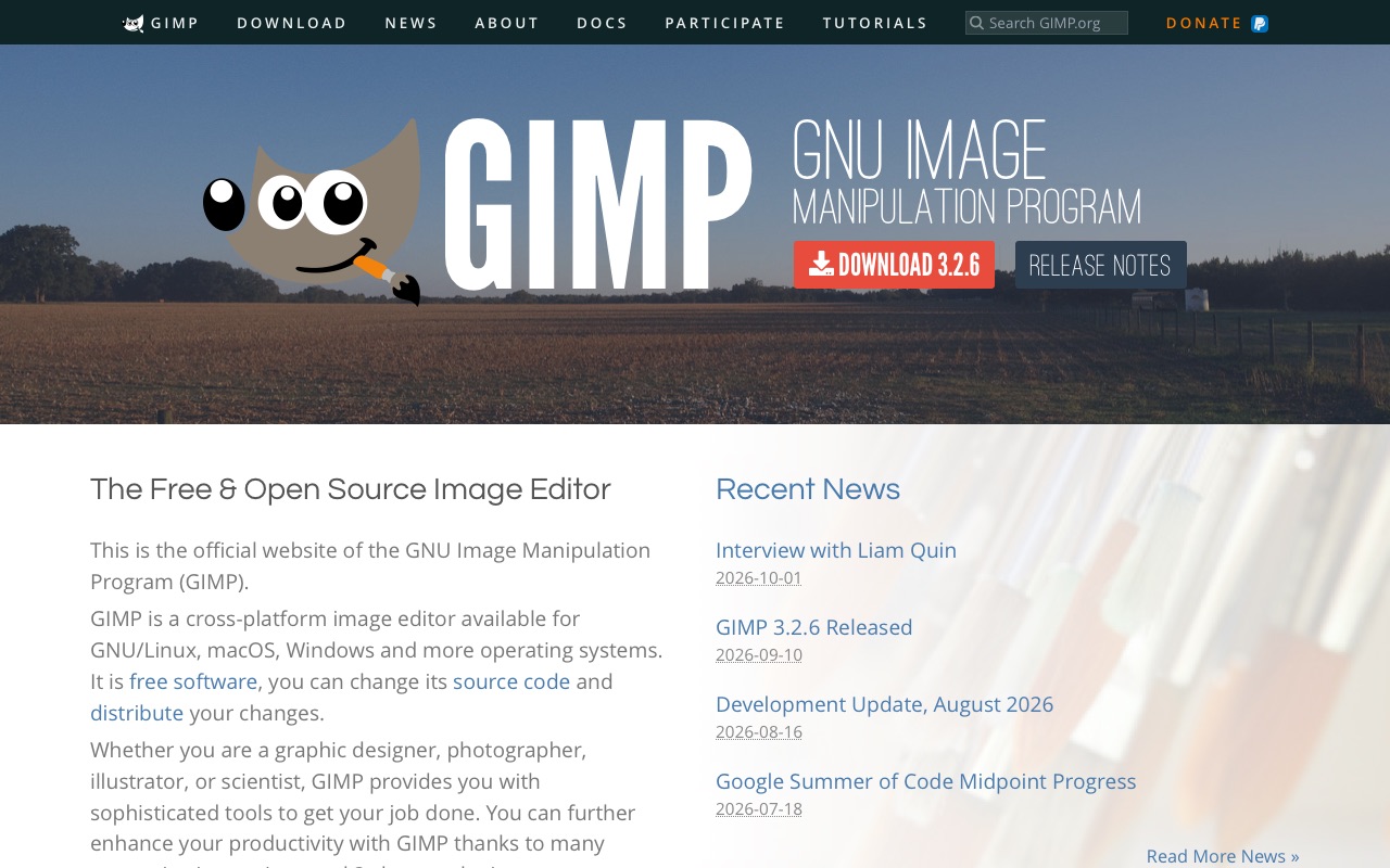 The GIMP website home page with its Download button.