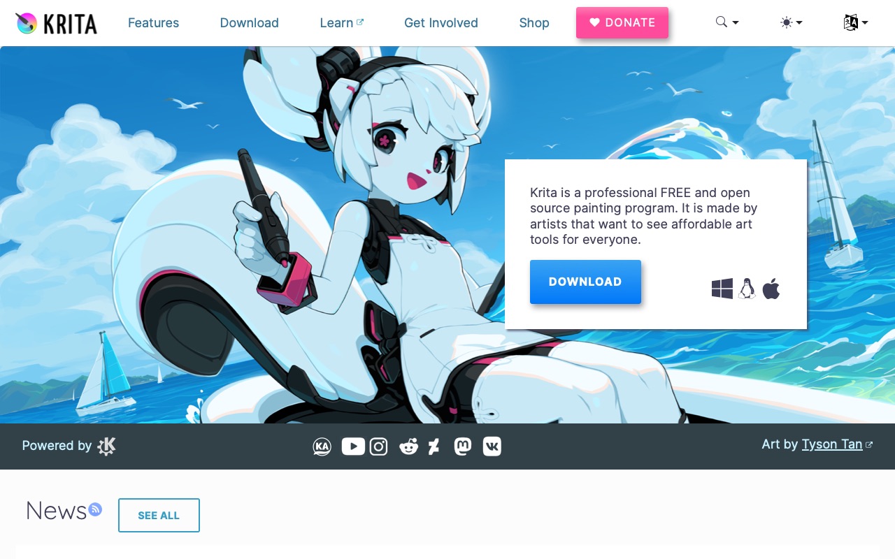 The Krita website home page describing it as a free and open source painting program.
