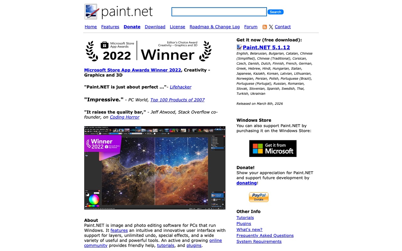 The Paint.NET website home page with a free download link and a screenshot of the Windows app.