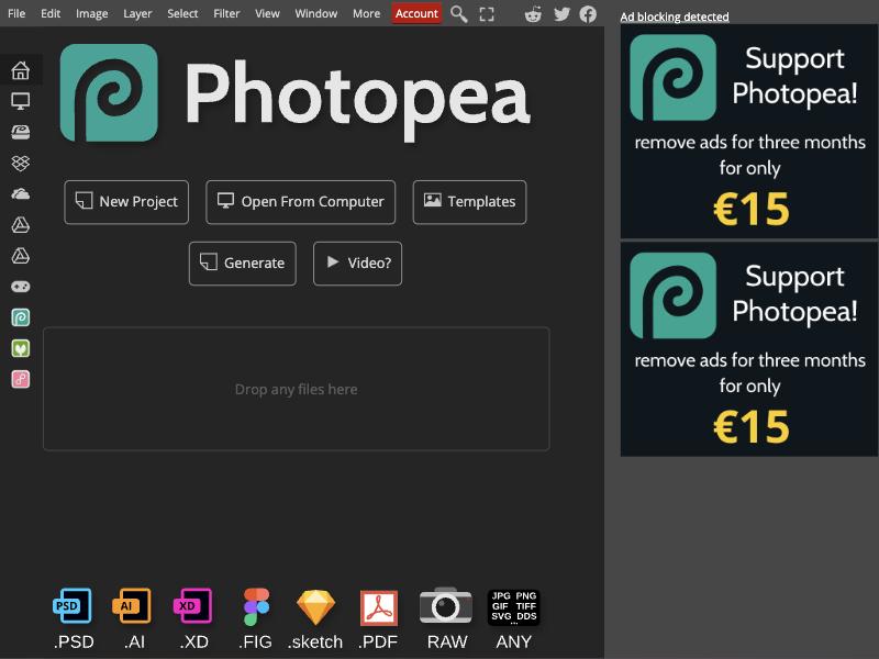 Photopea open in a browser window, with a column of ads on the right offering to remove ads for 15 euros for three months.