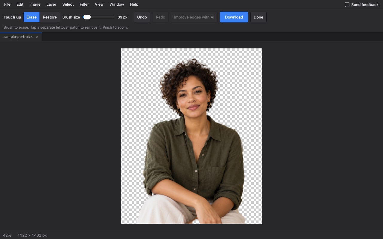 Photostr after removing the background from a portrait, with Erase, Restore and Download buttons above the cut-out.