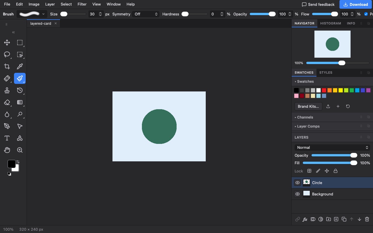A two-layer PSD open in Photostr, with Circle and Background listed in the Layers panel.