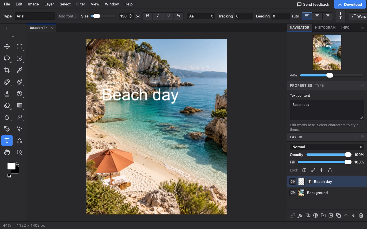 Photostr with white text reading Beach day on a beach photo, and a Beach day text layer above Background in the Layers panel.