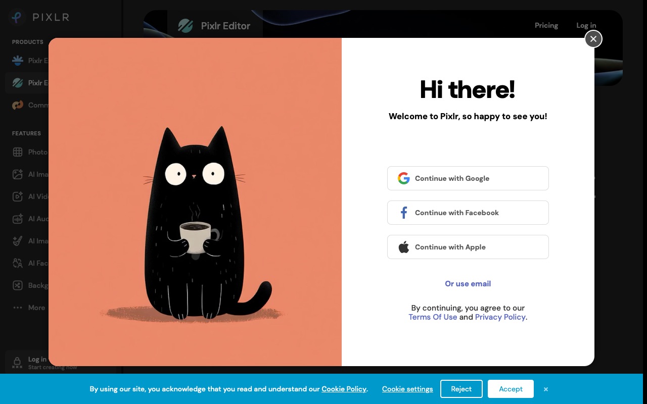 Pixlr Editor showing a sign-in window and a cookie banner when it first opens.